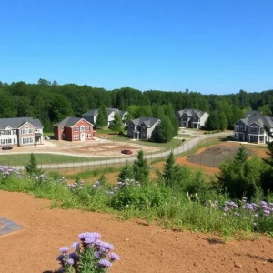 Aerial view of a new residential development in Chatham County with houses and green spaces.