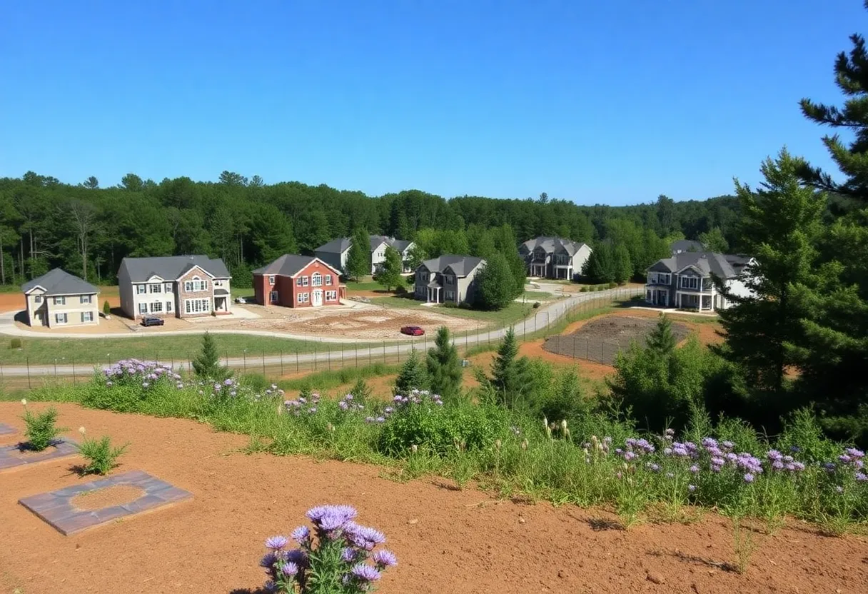 Aerial view of a new residential development in Chatham County with houses and green spaces.