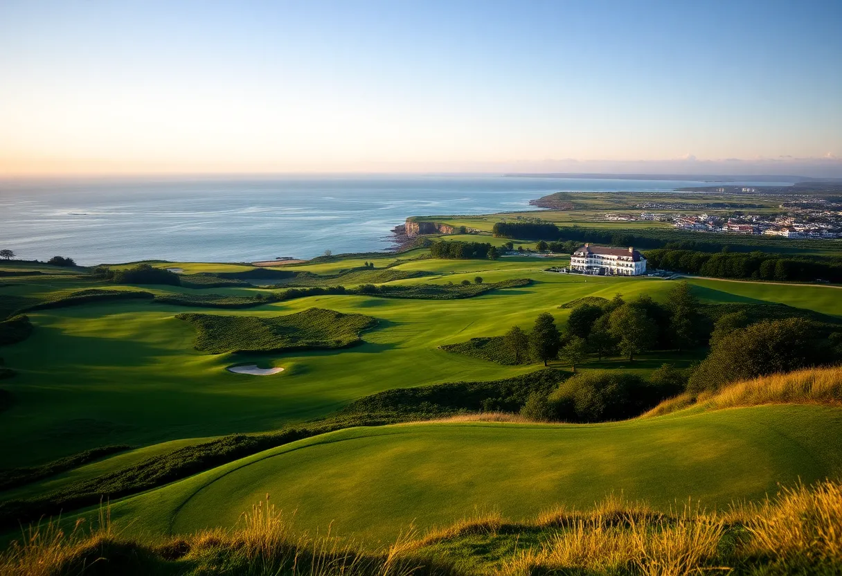 Lush green golf course in Denmark with coastline view