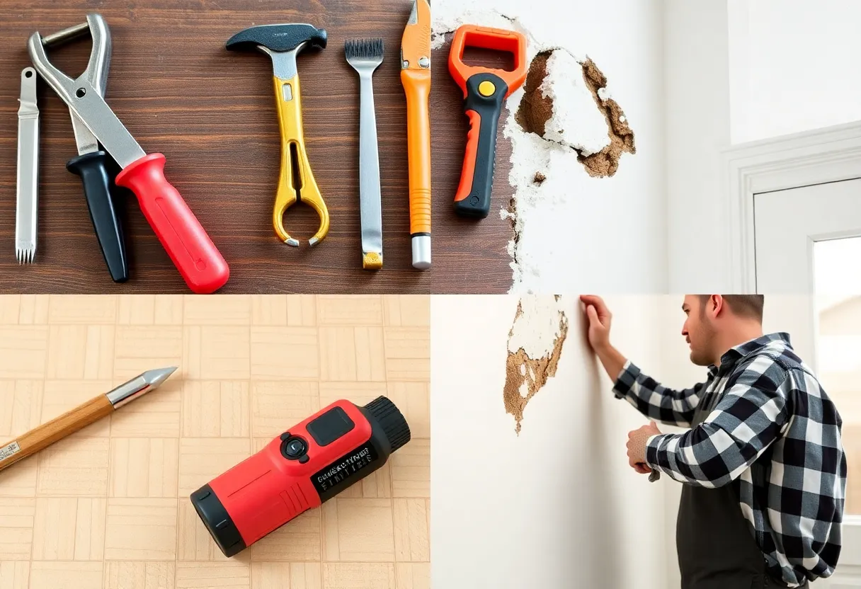 A set of DIY home repair tools on a workbench