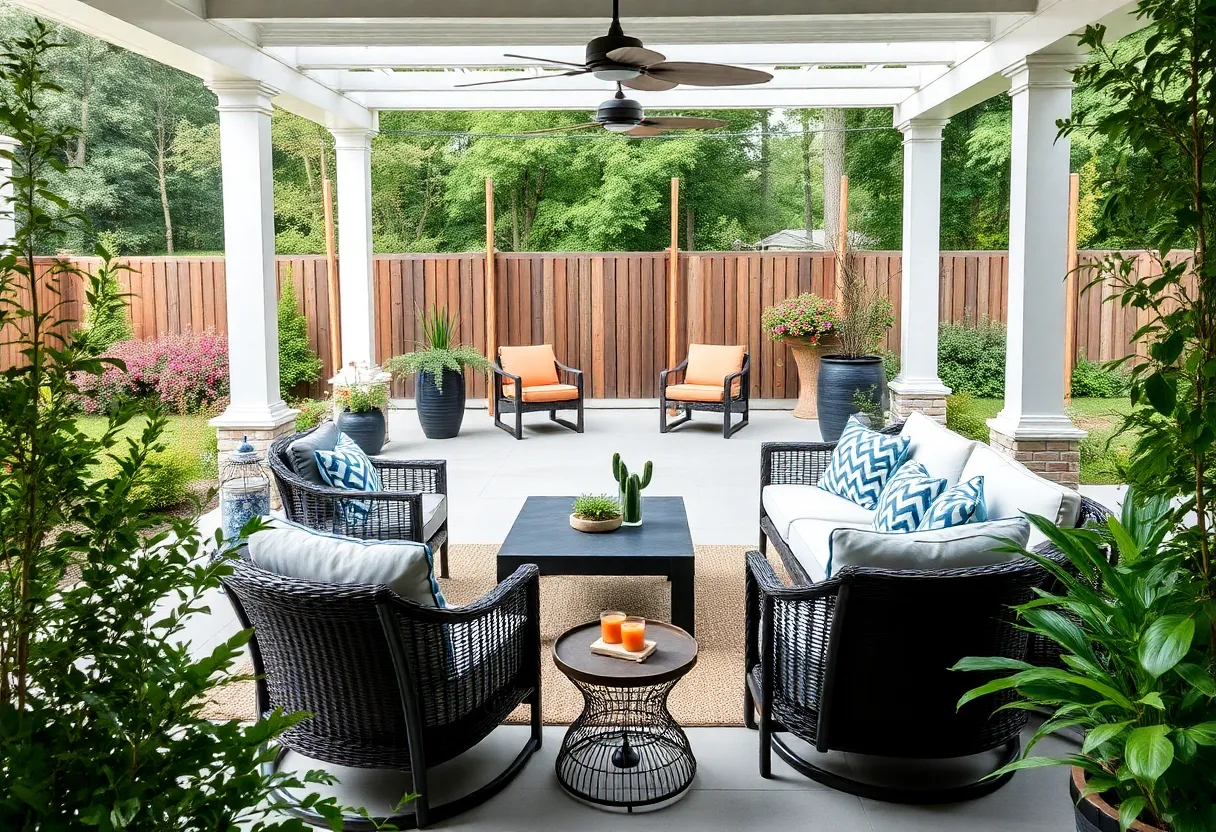 Outdoor living space with patio and greenery