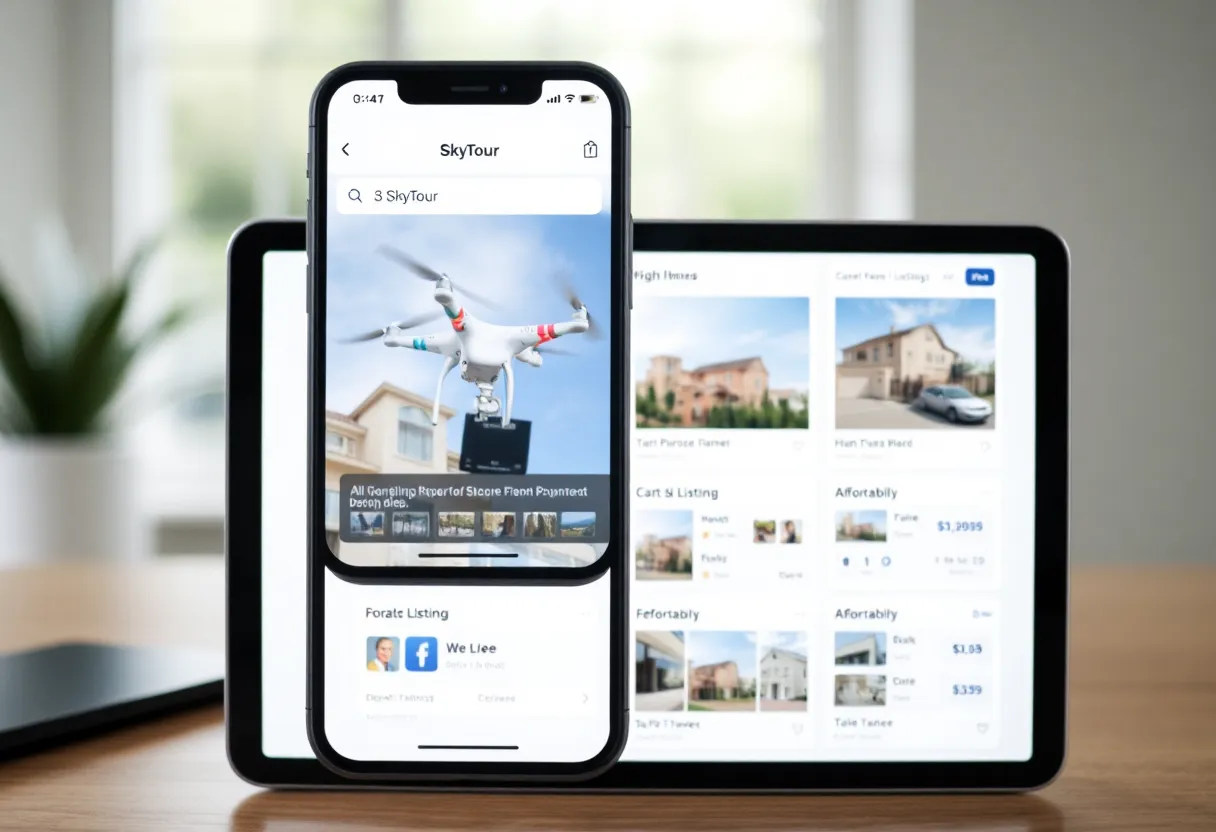 Drone view of modern homes with innovative real estate features