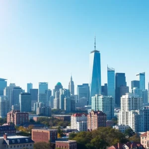Conceptual representation of real estate tokenization with digital tokens and a city skyline