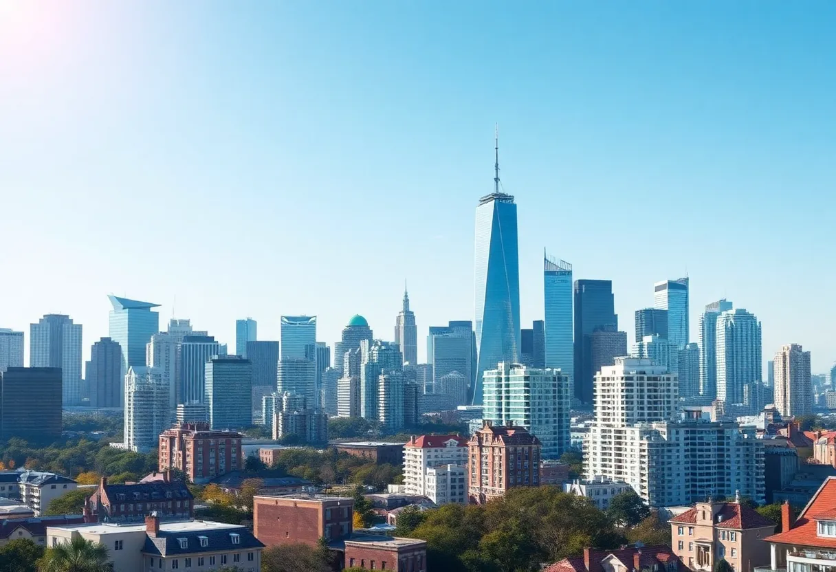 Conceptual representation of real estate tokenization with digital tokens and a city skyline