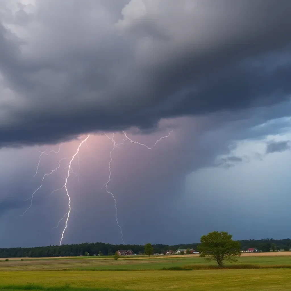 A thunderstorm with dark clouds and lightning over a rural landscape.