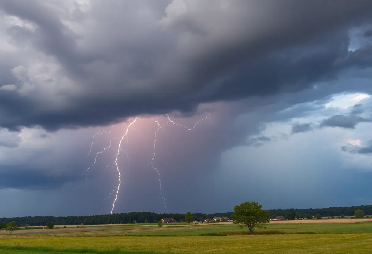 A thunderstorm with dark clouds and lightning over a rural landscape.