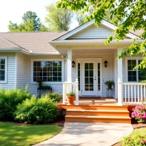 Exterior view of a ranch-style home in West Yarmouth with a deck