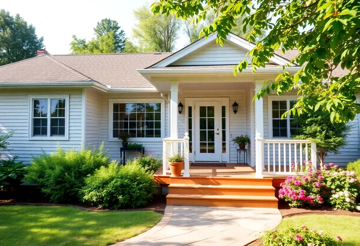 Exterior view of a ranch-style home in West Yarmouth with a deck