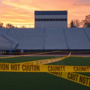 Empty football field with caution tape indicating game cancellation