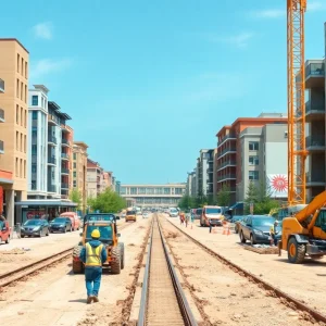Construction site in Baxter with workers and heavy machinery.