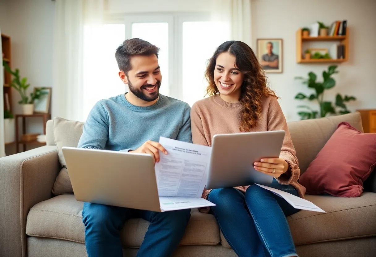Young couple discussing mortgage options at home