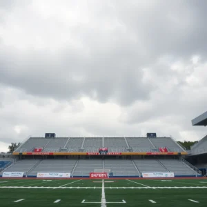 Empty football field with safety signs