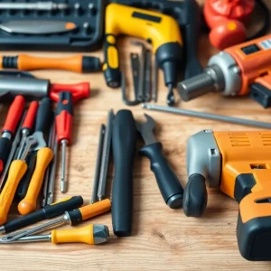 A variety of essential home repair tools organized on a workbench.