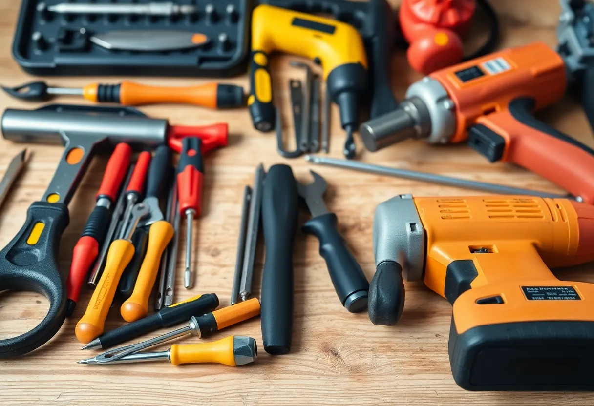 A variety of essential home repair tools organized on a workbench.