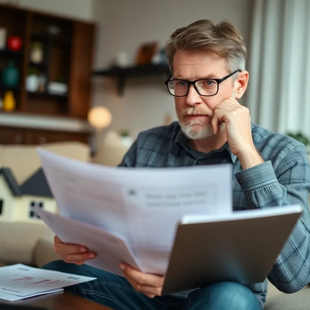 A person contemplating questions about home buying with documents and a house in view.