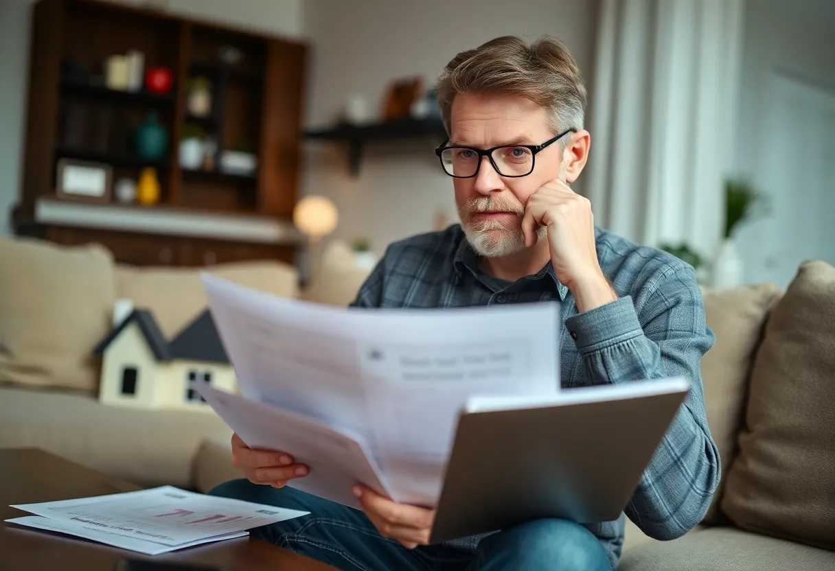 A person contemplating questions about home buying with documents and a house in view.