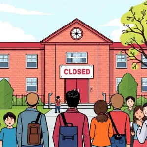 Illustration of a school building closed with a worried community around it.