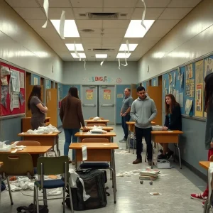 A messy school hallway post-prank with furniture moved and toilet paper scattered