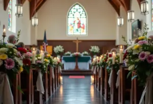 Flowers and candles at a community church in remembrance
