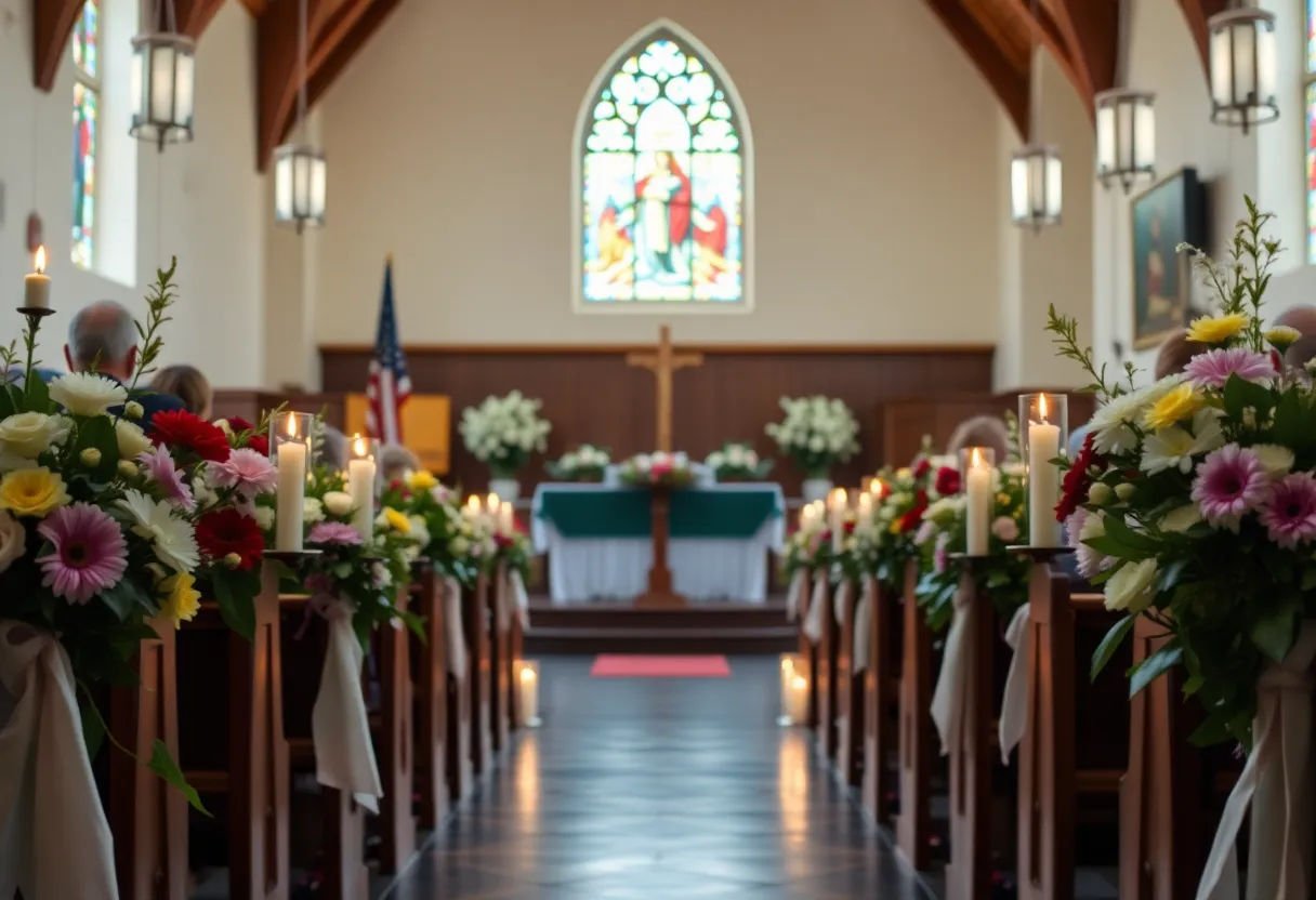Flowers and candles at a community church in remembrance