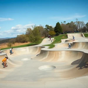 Skateboarders enjoying the new park in Bennington with scenic views