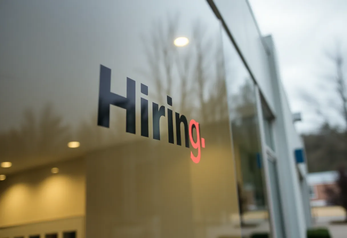 Office building of Blue Ridge Power with a dimmed 'Hiring' sign