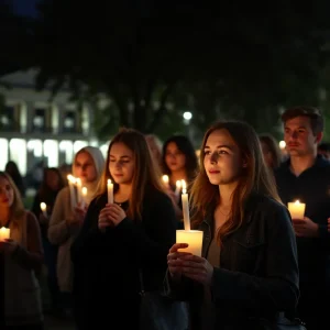 A group of diverse individuals holding candles at a vigil for Charlie Kirk.