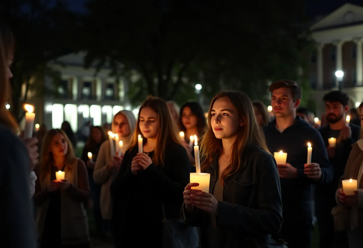 A group of diverse individuals holding candles at a vigil for Charlie Kirk.
