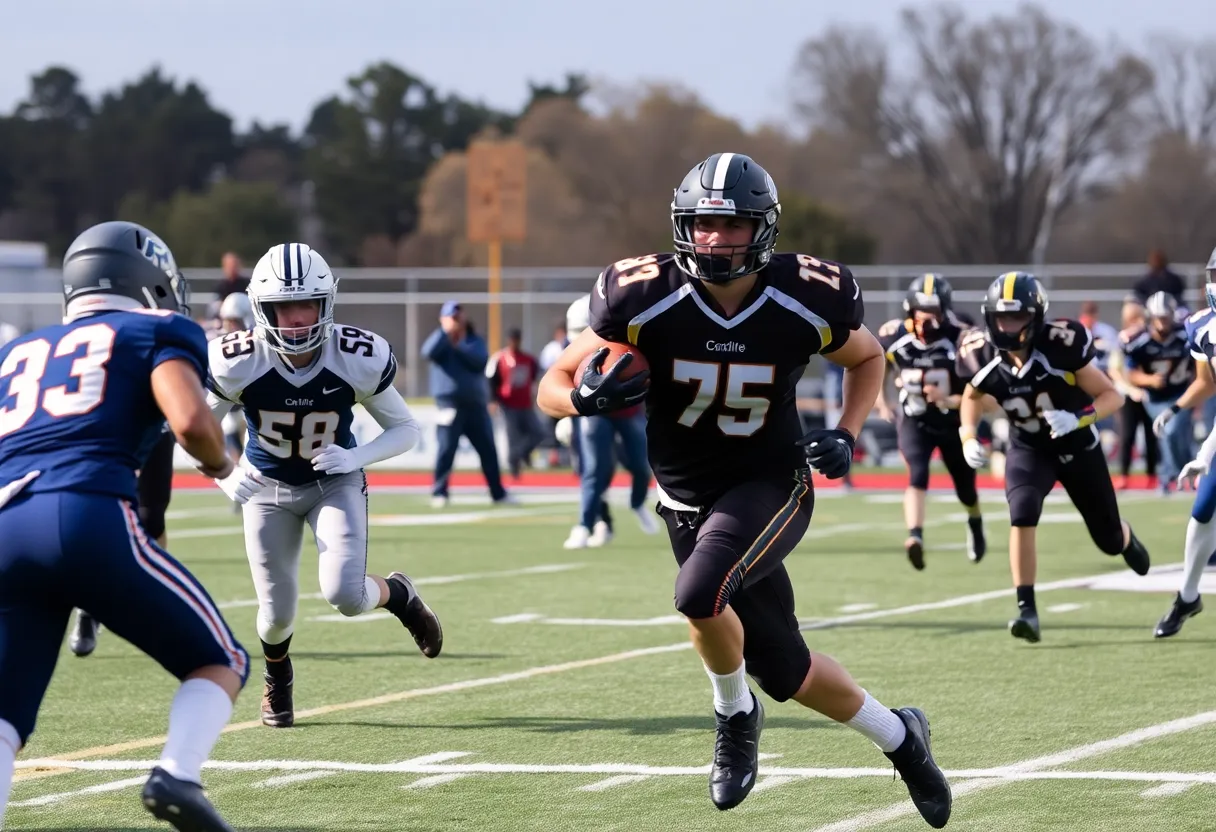 Players from Cardinal Gibbons and Southeast Raleigh during a high school football game
