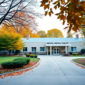 Exterior view of Carolina House facility surrounded by trees and autumn leaves