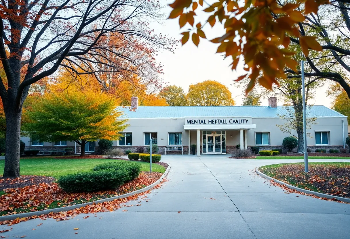 Exterior view of Carolina House facility surrounded by trees and autumn leaves