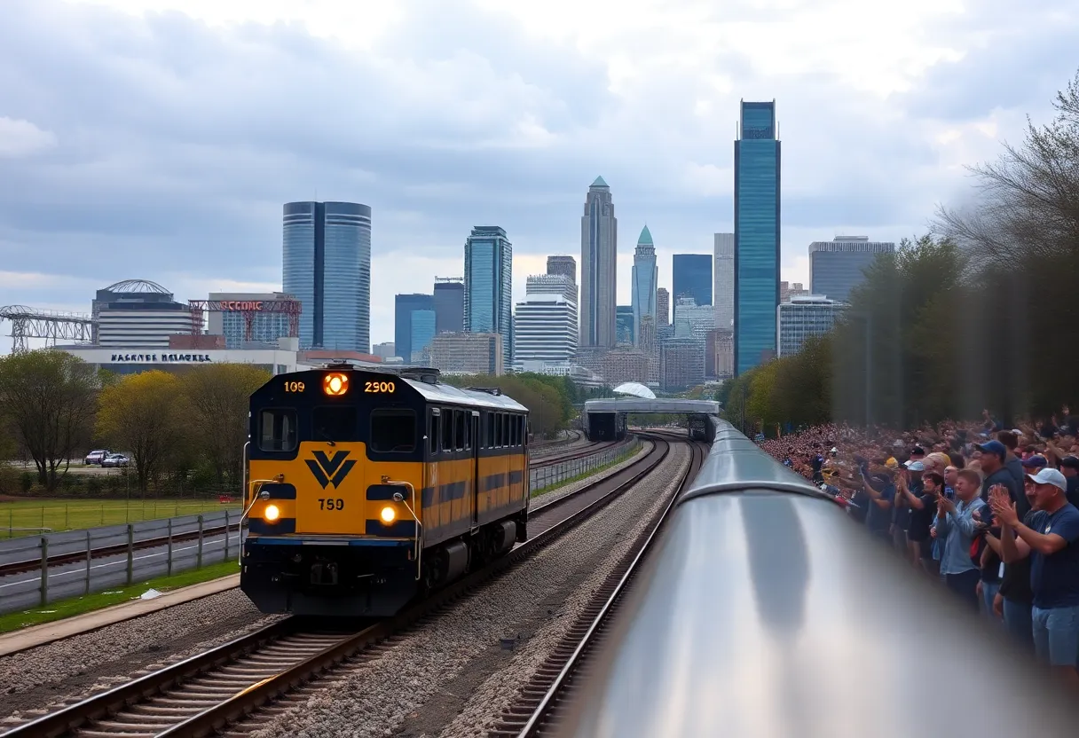 Train arriving in Charlotte with Carolina Panthers fans