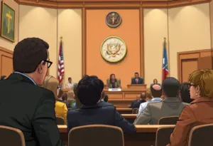 Courtroom scene depicting the Carrboro lawsuit against Duke Energy