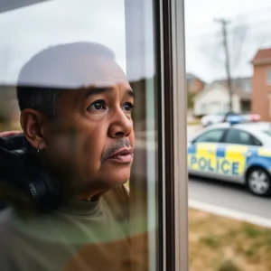 A person looking out of a window with a police car visible, depicting community vigilance against voyeurism.