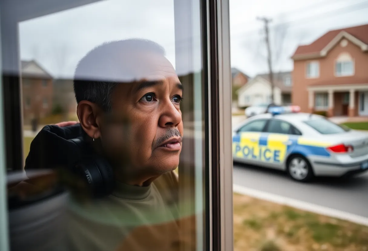 A person looking out of a window with a police car visible, depicting community vigilance against voyeurism.