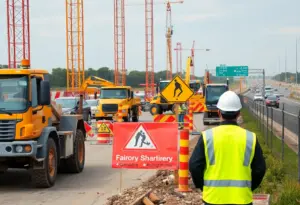 Construction site with machinery and safety signs