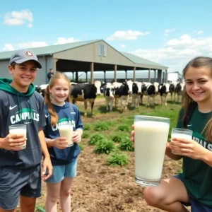 Athletes enjoying milk at a dairy farm promoting health and nutrition