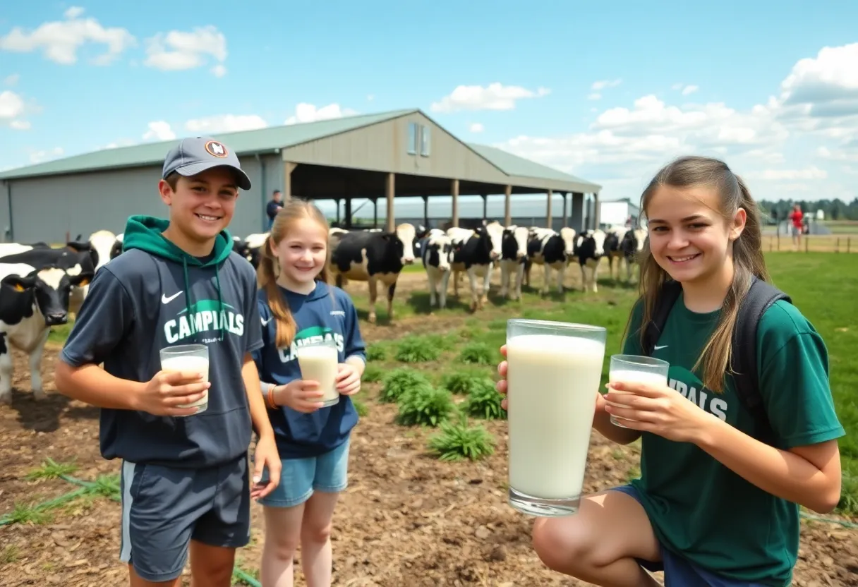 Athletes enjoying milk at a dairy farm promoting health and nutrition