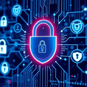 Illustration of cybersecurity and cryptography with locks and digital security icons