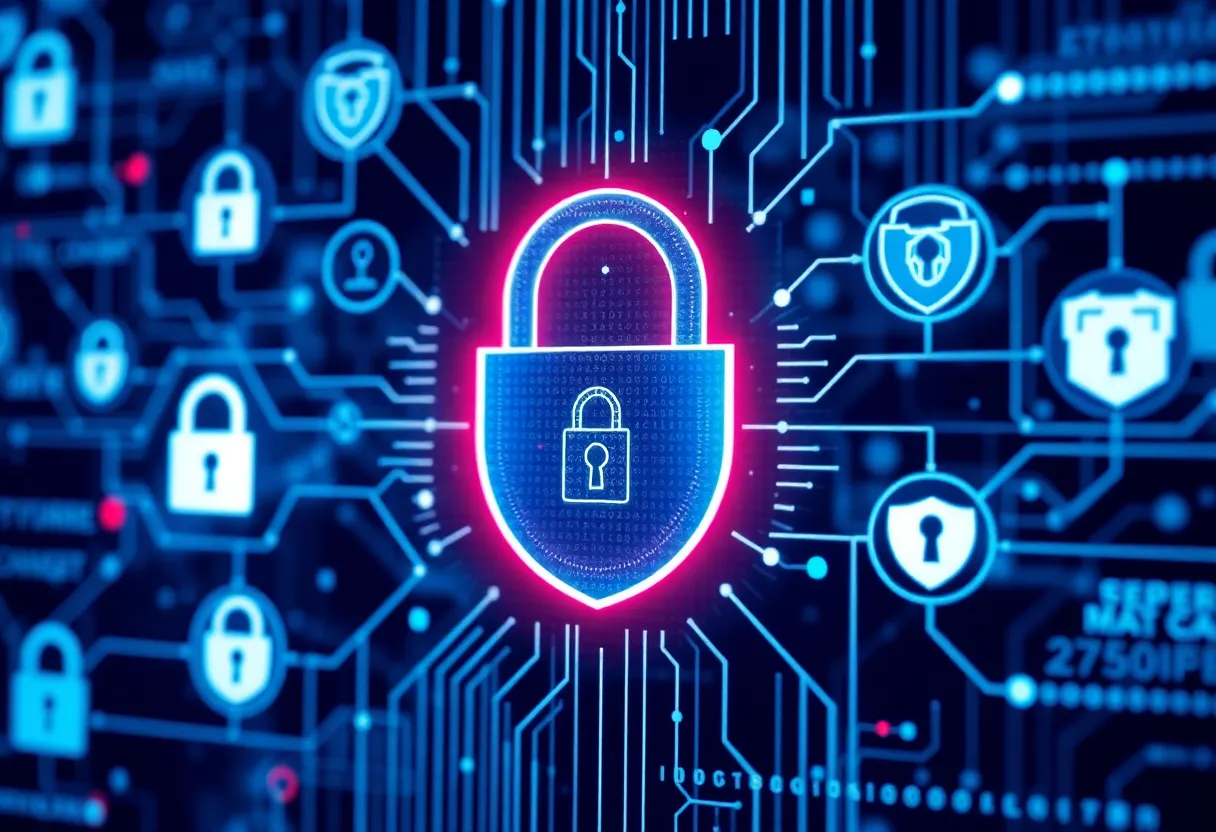 Illustration of cybersecurity and cryptography with locks and digital security icons