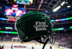 Hockey helmet with First Citizens Bank logo