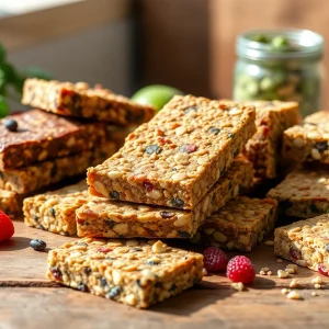 Homemade healthy snack bars displayed on a table
