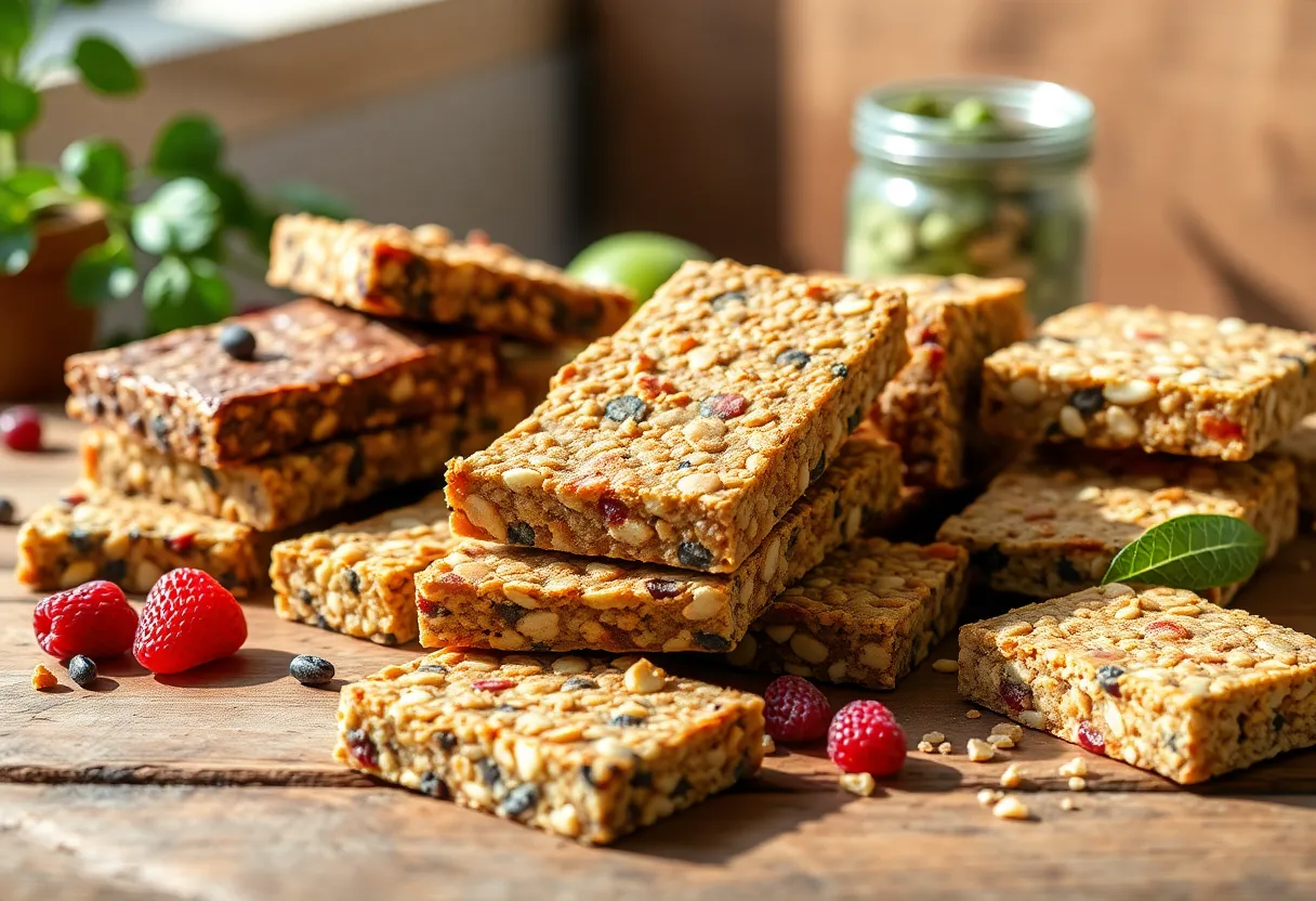 Homemade healthy snack bars displayed on a table