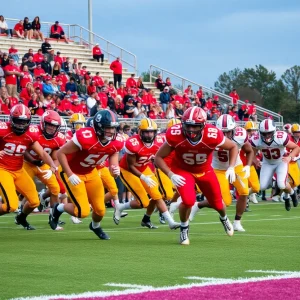 High school football game in progress with players on the field