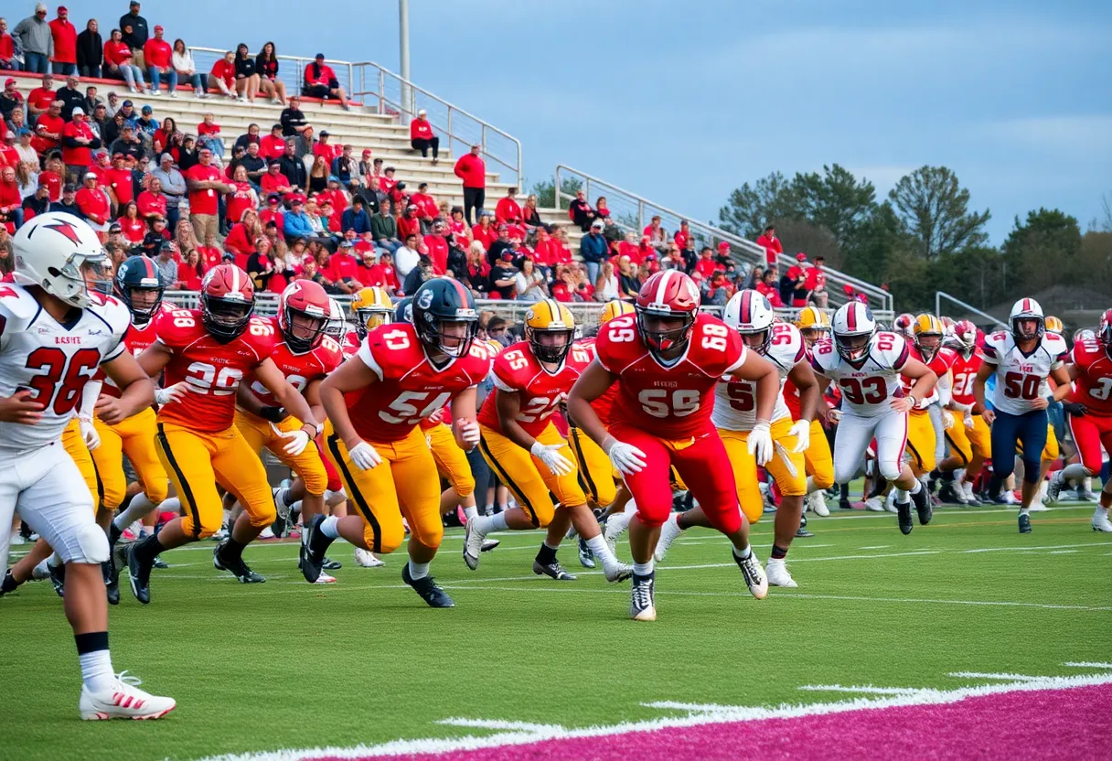 High school football game in progress with players on the field