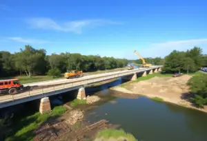 Construction work on bridges over Fourpole Creek in Huntington