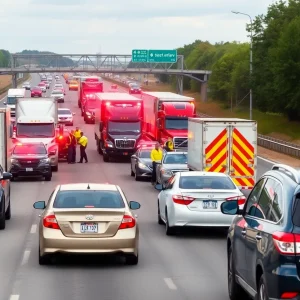 Emergency responders at a multi-vehicle accident site on I-40