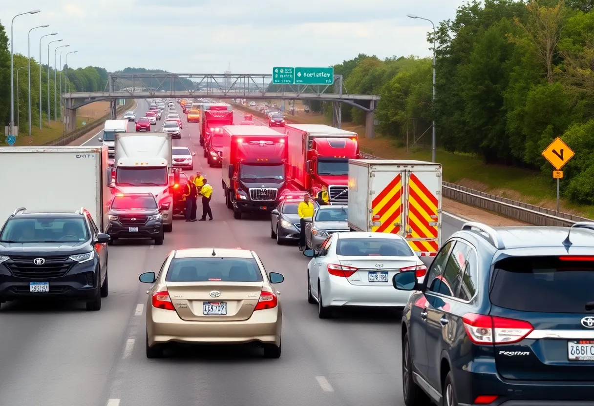Emergency responders at a multi-vehicle accident site on I-40
