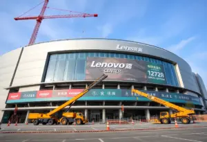 Construction site of Lenovo Center in Raleigh with machinery and workers