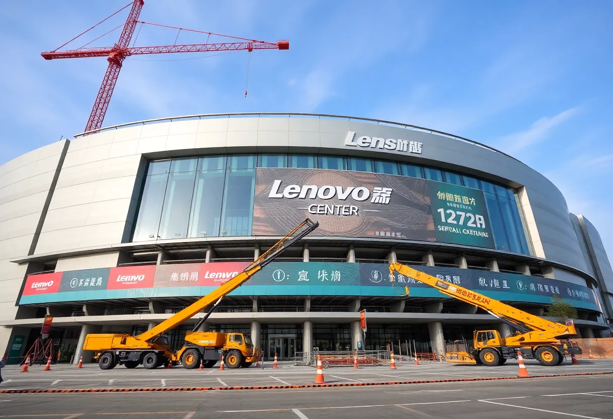 Construction site of Lenovo Center in Raleigh with machinery and workers